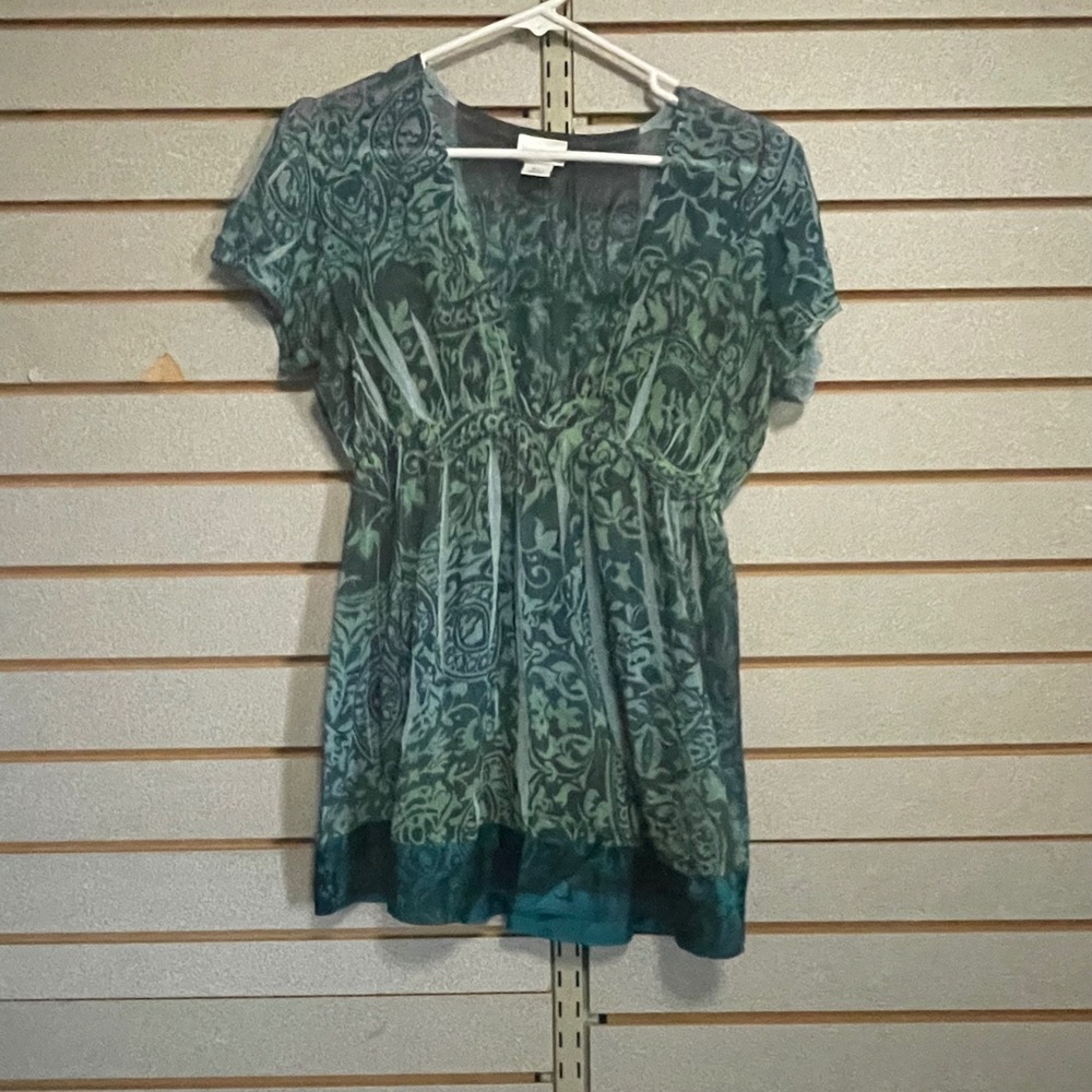 Motherhood Maternity Teal Green Paisley Empire Waist V-Neck Blouse Small‎